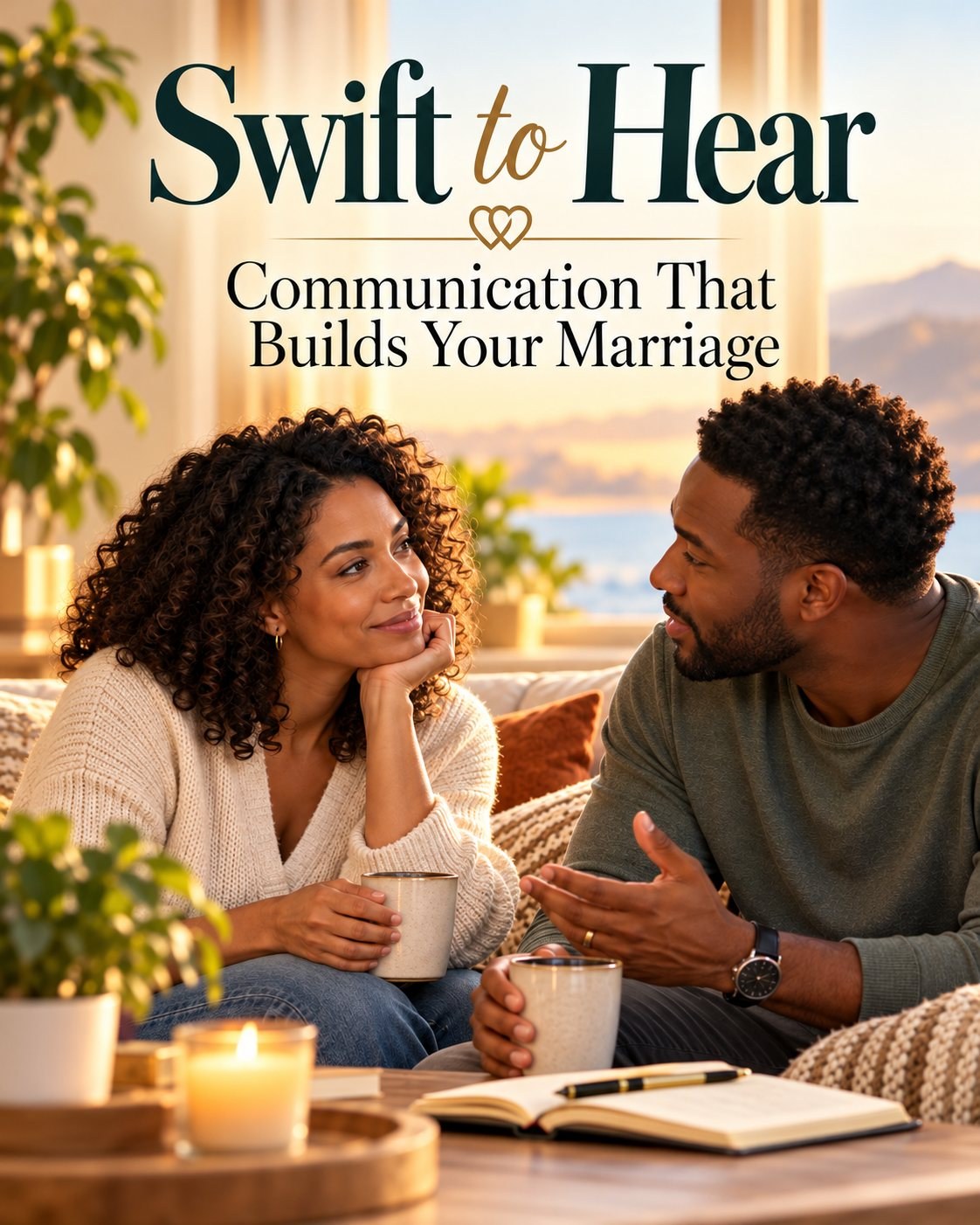 A couple in a calm conversation over tea with an open Bible