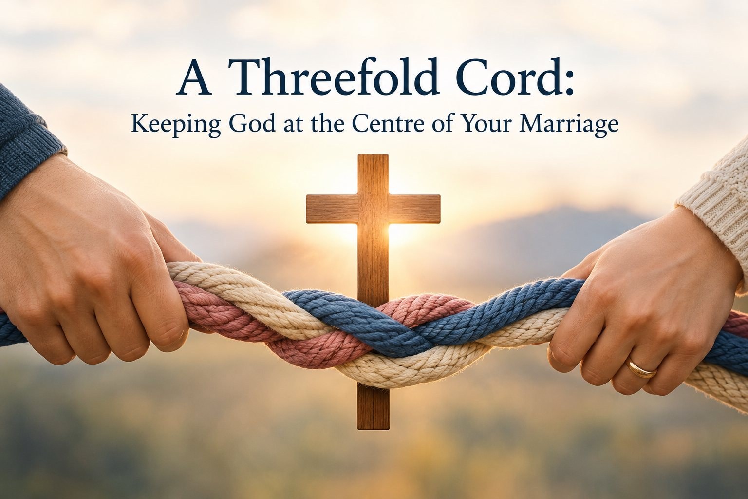 Two hands pulling a three-stranded rope in front of a cross